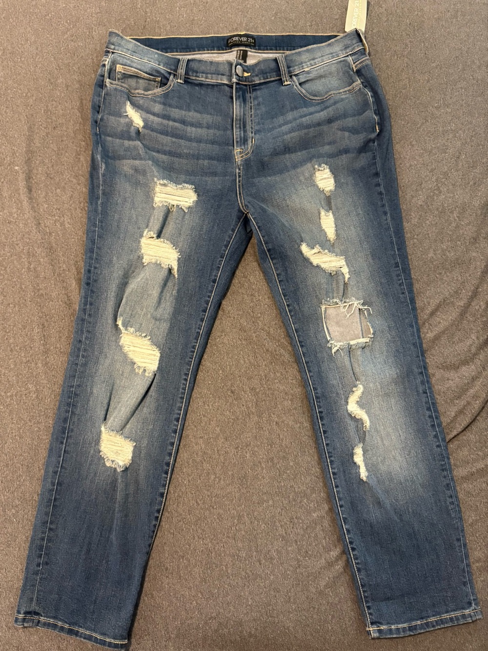 Forever 21 Distressed Straight Leg Jeans in Mid Blue
